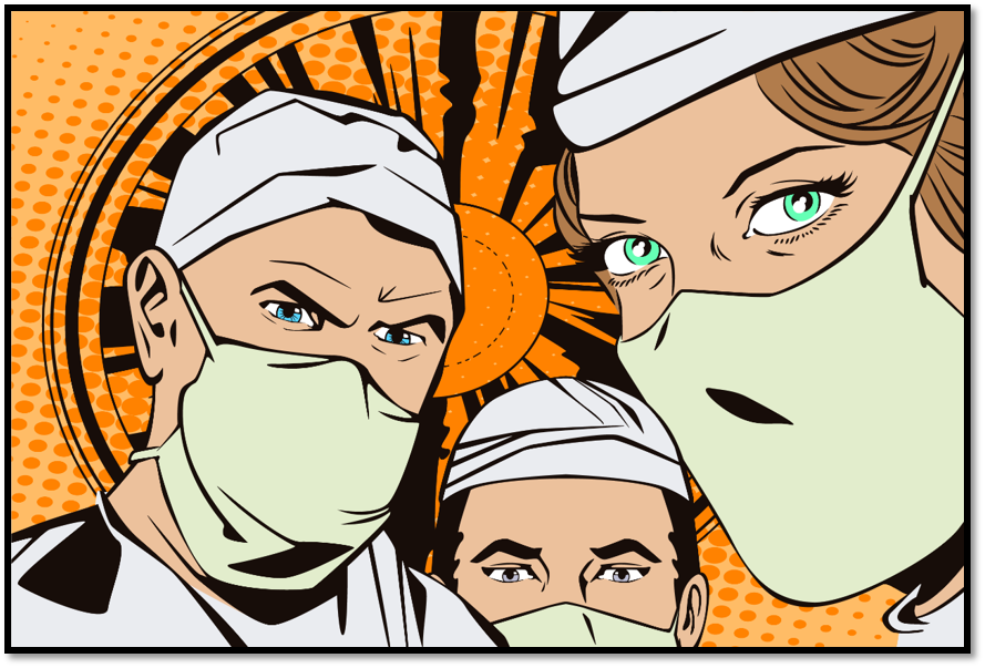 Doctors in surgical gear drawn in comic book style